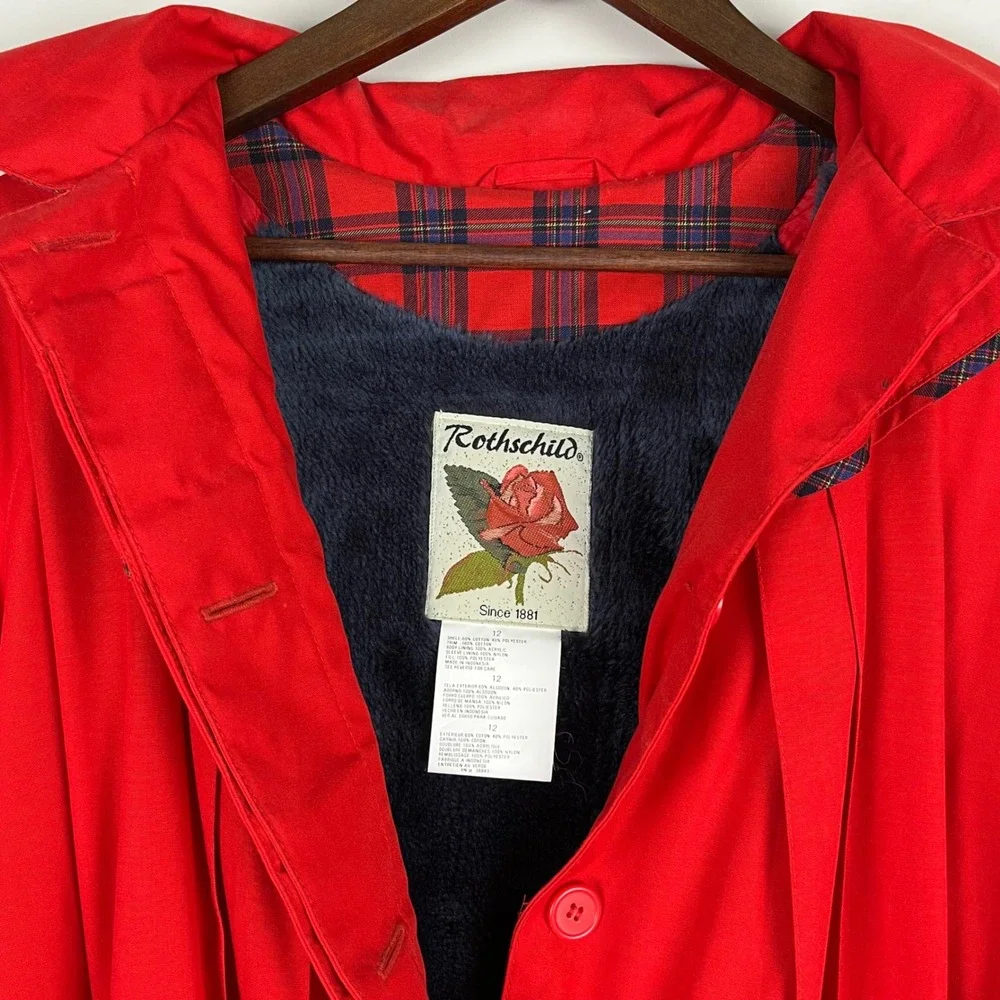 Rothschild Girls Red Hooded Dress Coat Plaid Trim Faux Fur Lined Size 12 Vintage